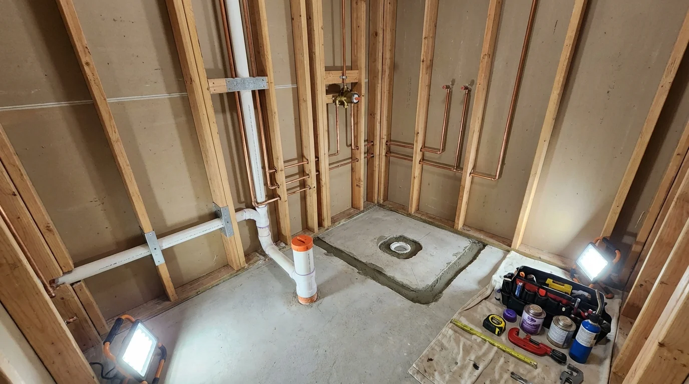 Bathroom rough-in plumbing during remodel by Johns Plumbing LLC in New Oxford