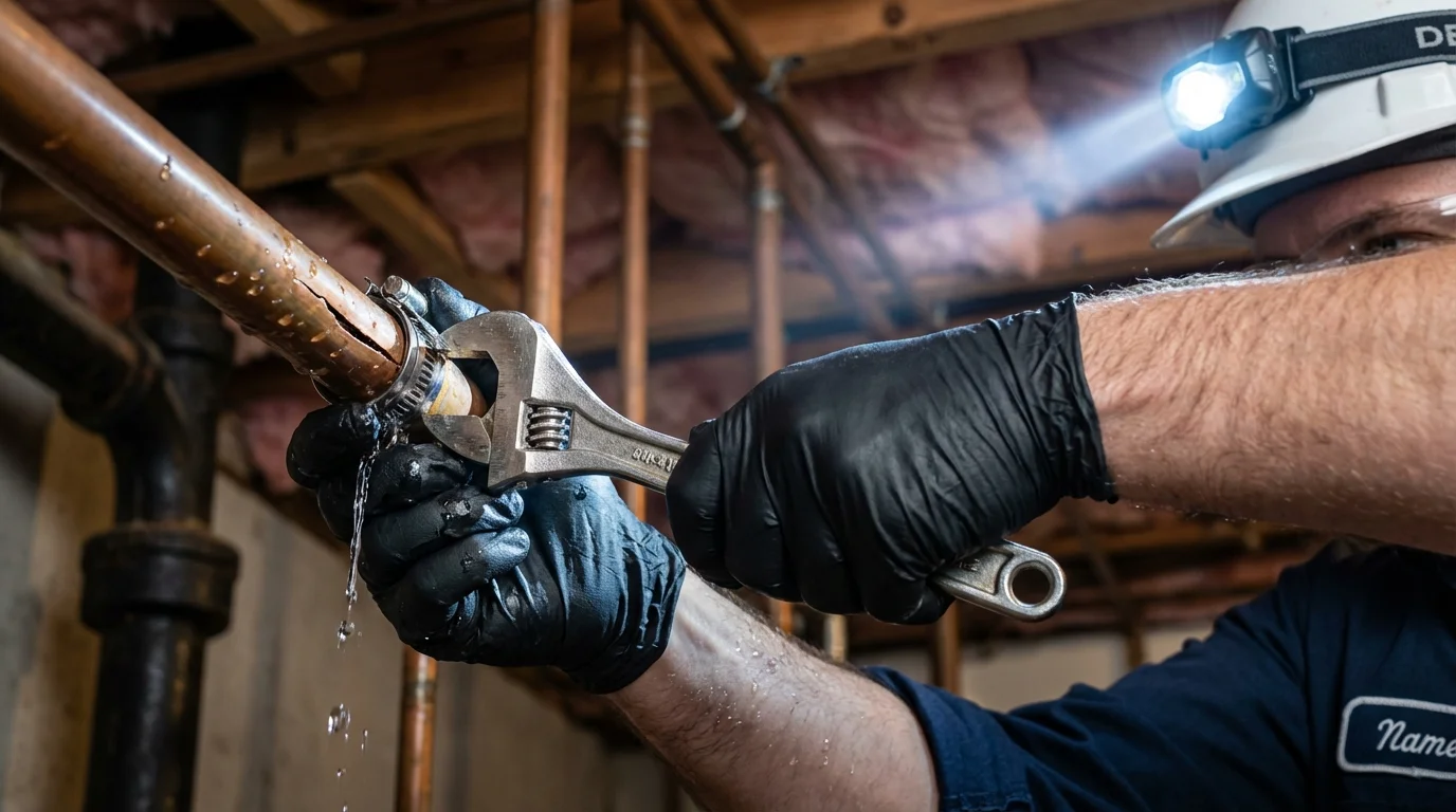 Emergency pipe clamp repair being performed by a Johns Plumbing LLC plumber in New Oxford