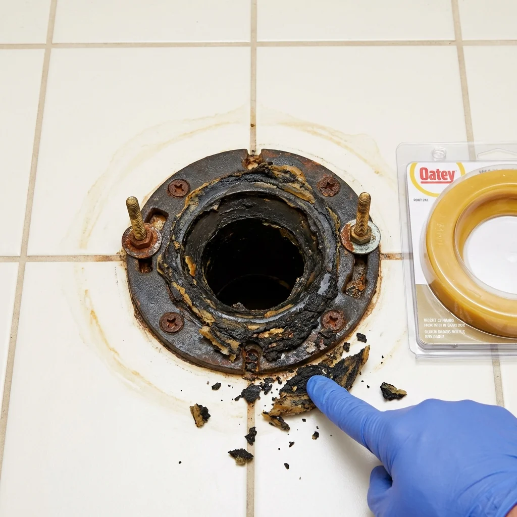 Failed wax ring showing water seepage at the base of a toilet in a New Oxford, PA home