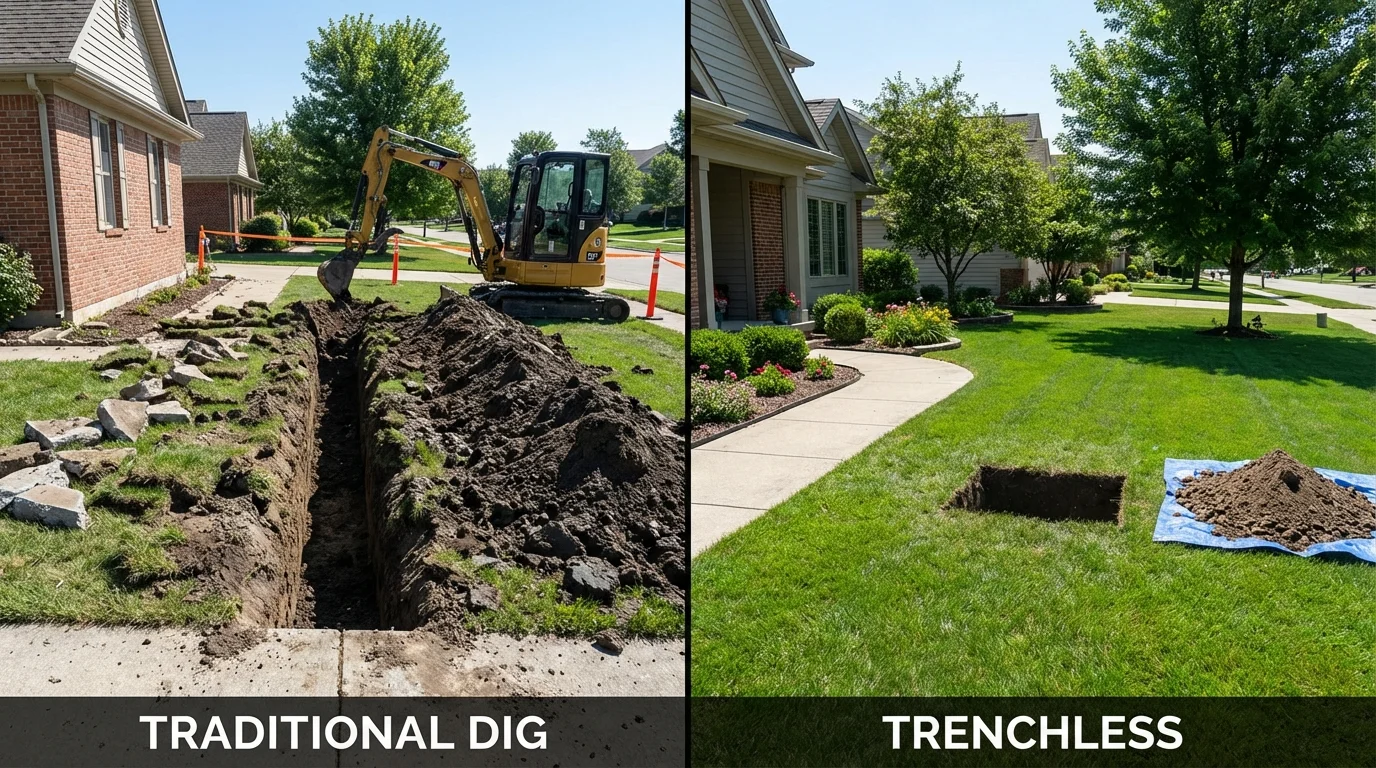 Trenchless sewer repair with minimal yard damage versus traditional excavation in New Oxford, PA