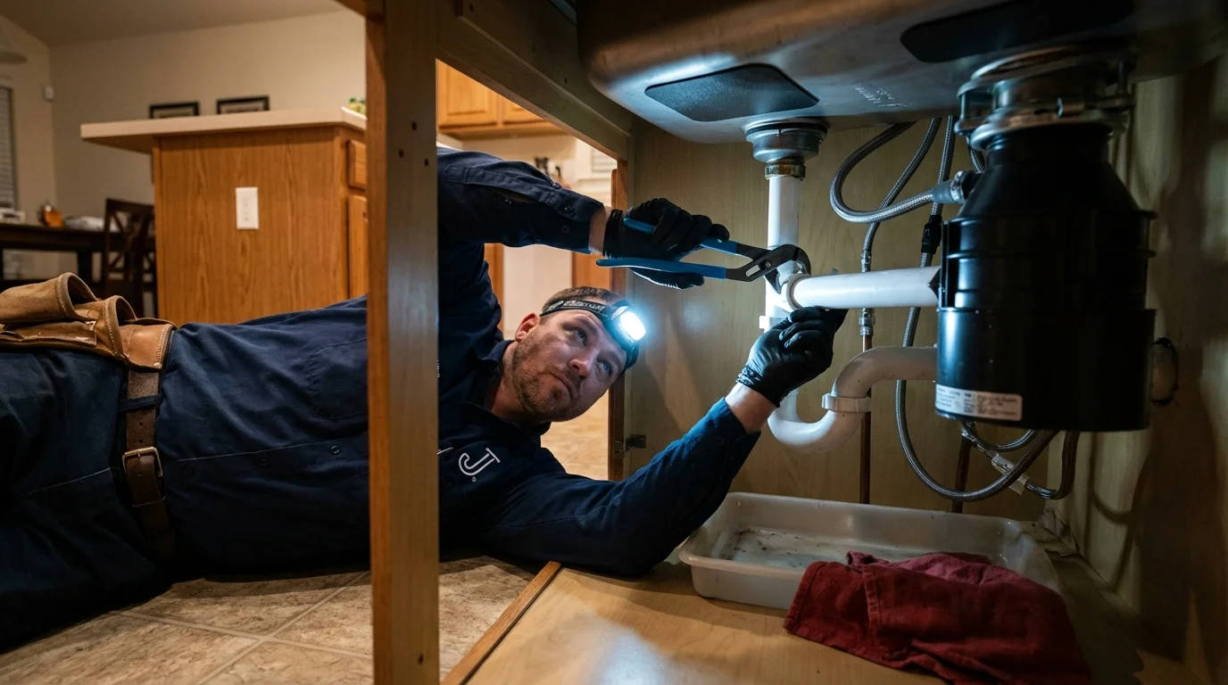 P-trap and supply line connections under a kitchen sink showing a common leak point in New Oxford, PA